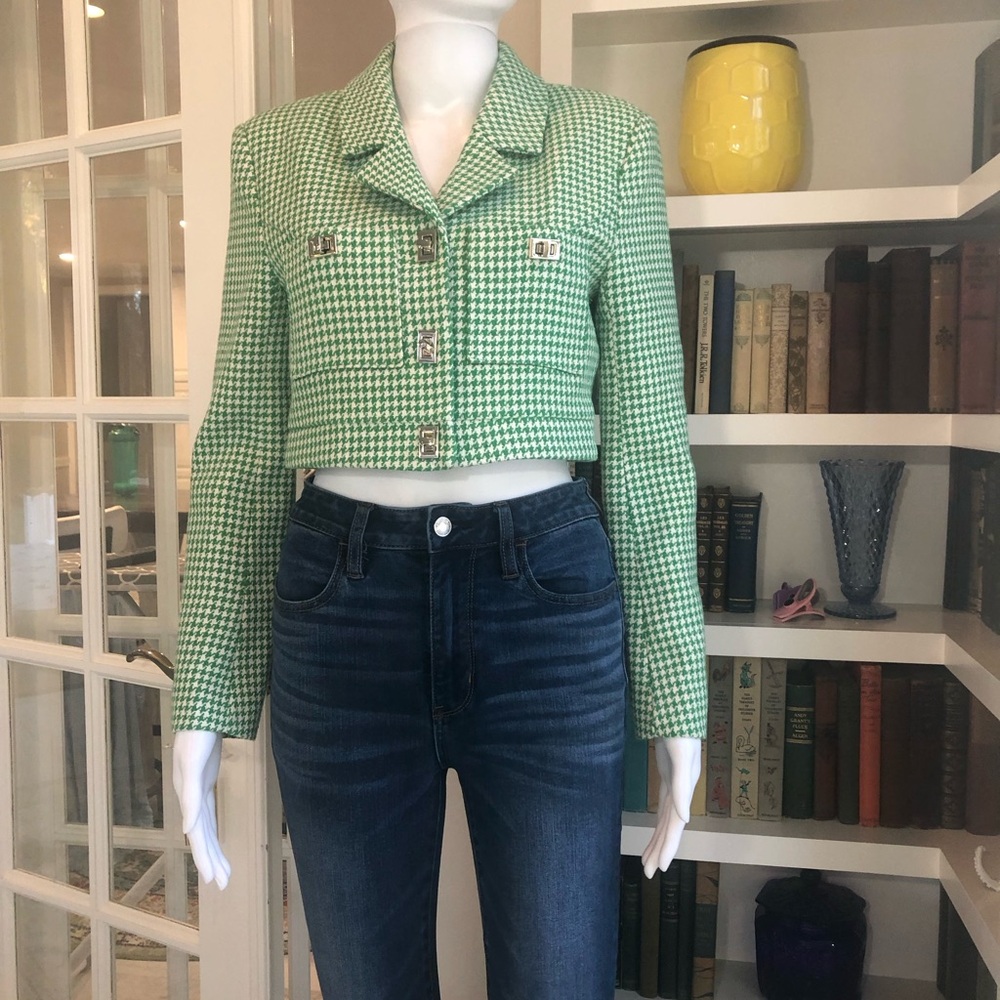 Green Houndstooth Cropped Tweed Blazer